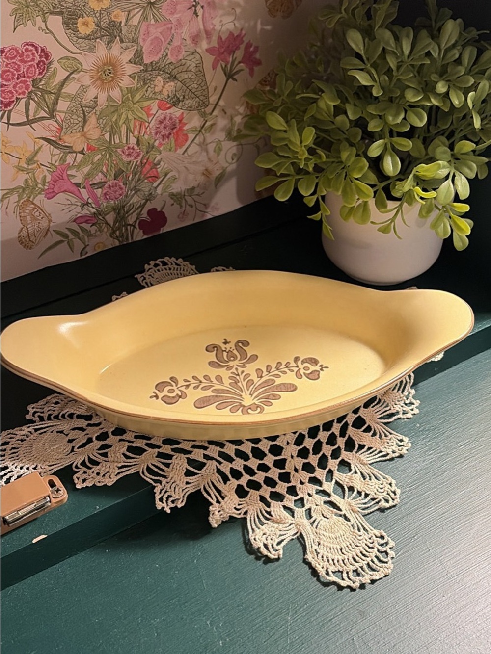 Pfaltzgraff Yellow Ceramic Oval Serving Platter with Brown Floral Motif